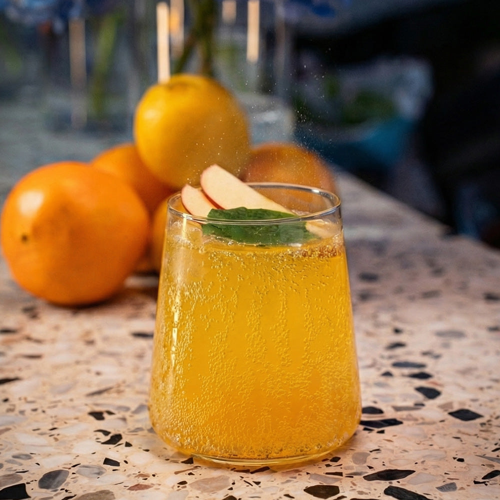 Szklanka pomarańczowego, gazowanego napoju z plasterkiem jabłka i miętą, a w tle owoce. - zdjęcie