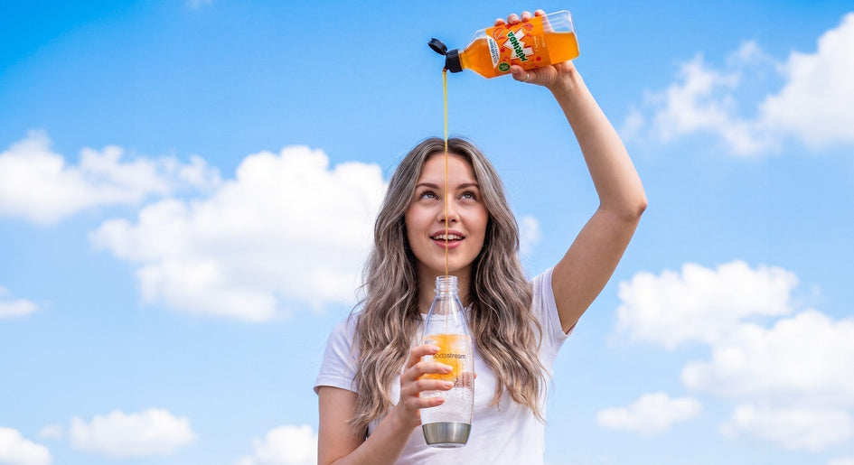 Dziewczyna wlewająca syrop do butelki gazowanej sodastream - tytułowa