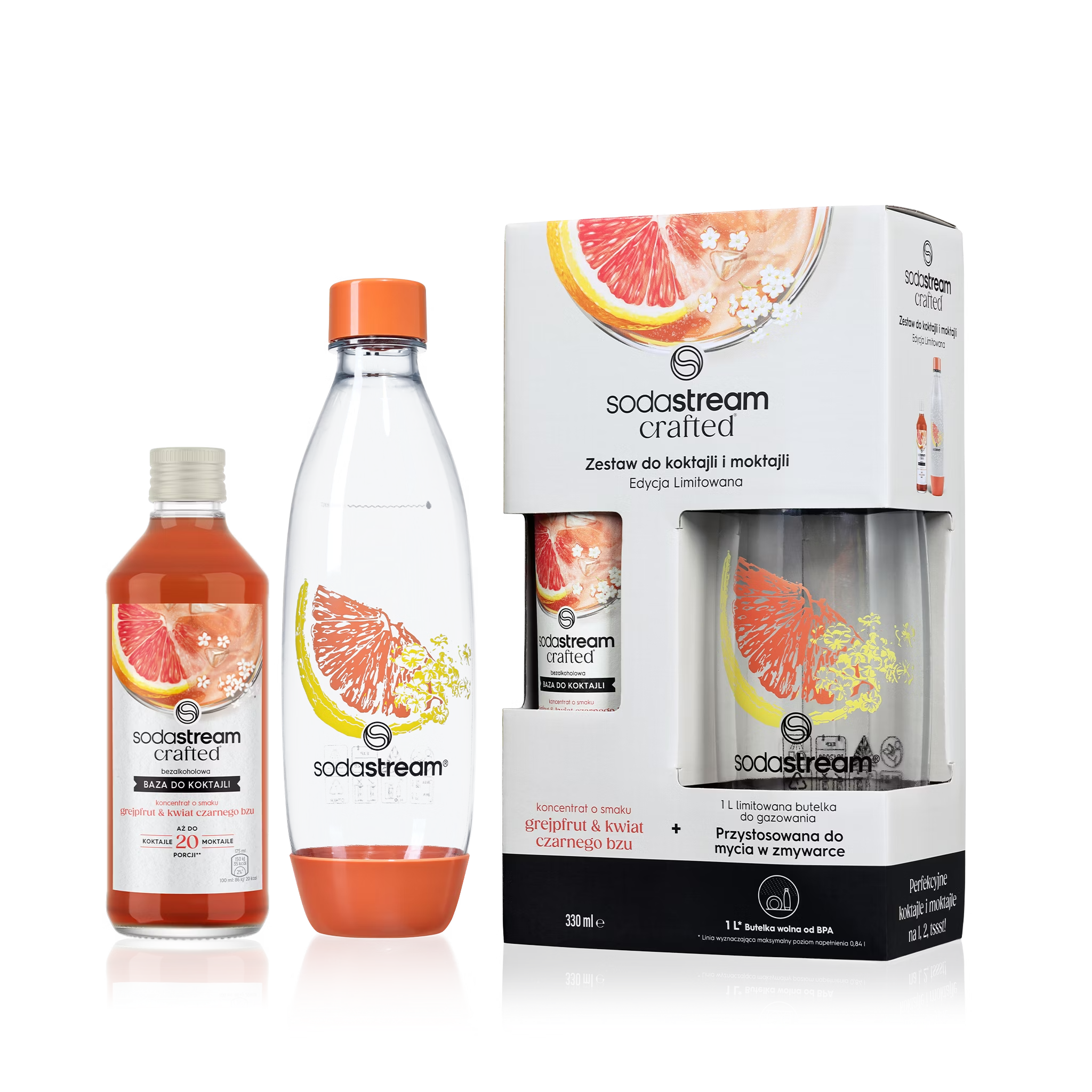 Zestaw Crafted Kit Syrop Grejpfrut & Kwiat Czarnego Bzu 330 ml i butelka Fuse 1L sodastream